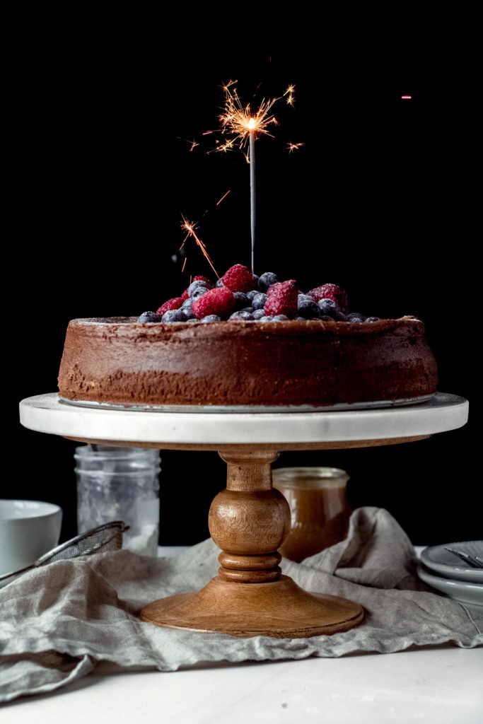 chocolate cheesecake with a sparkler