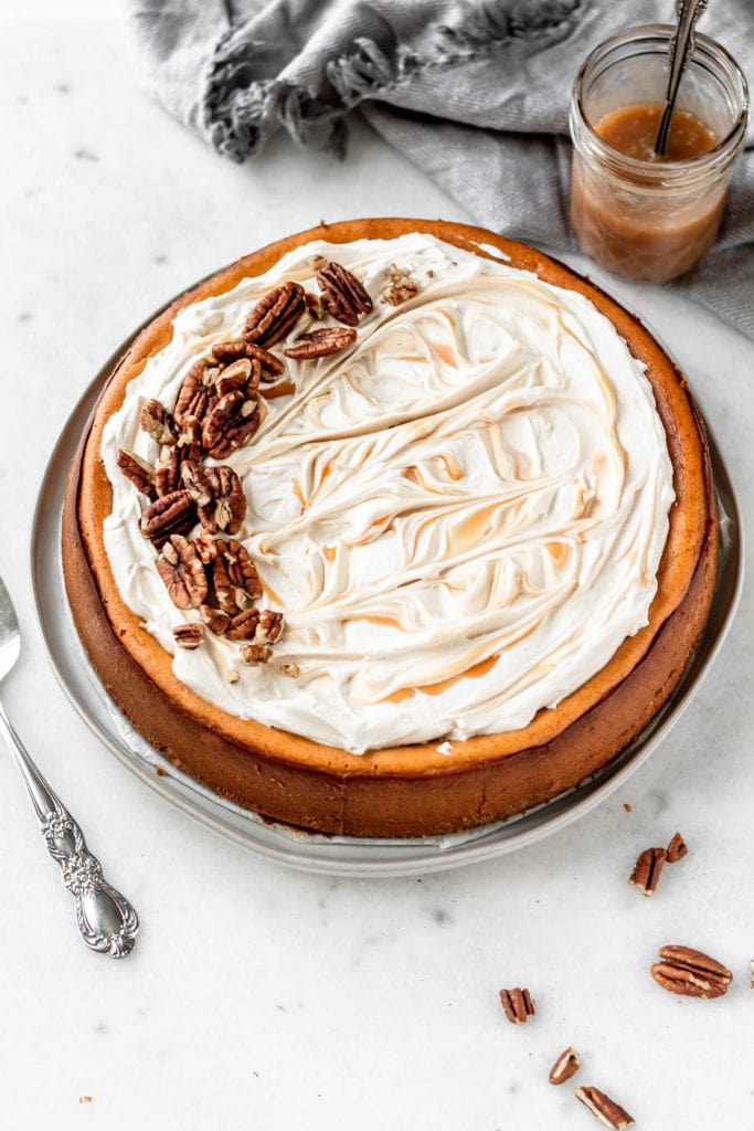 Pumpkin Pecan Cheesecake with Caramel Whipped Cream