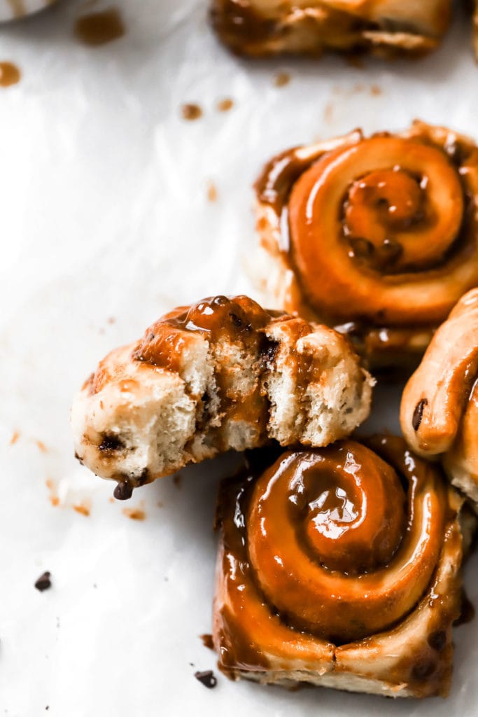 dulce de leche sticky buns with chocolate chip dough and coffee caramel sauce
