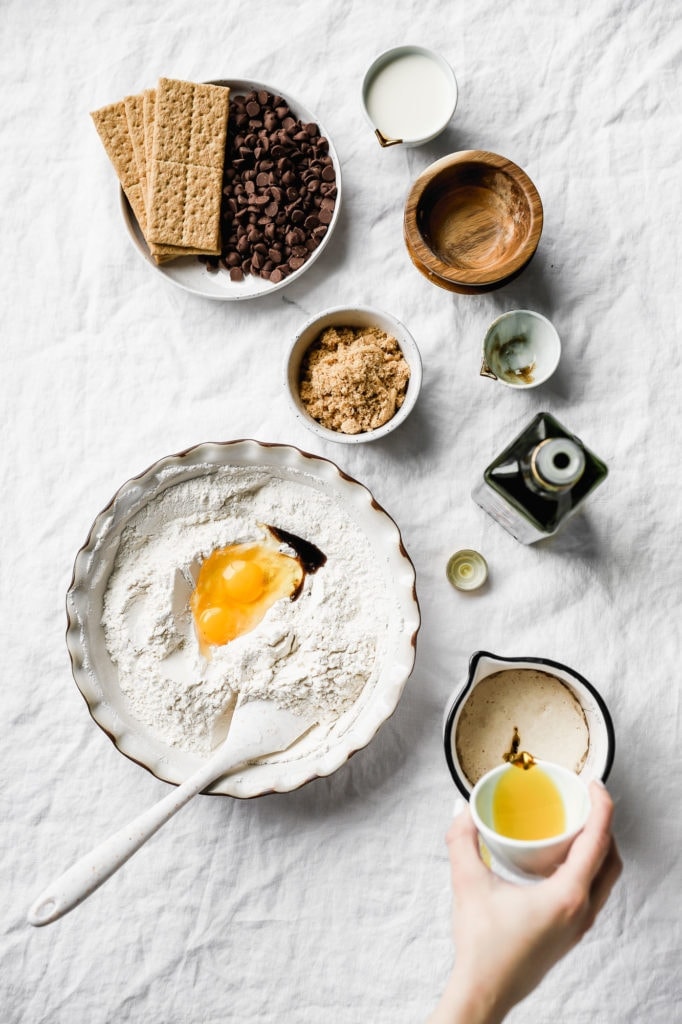 eggs in flour and olive oil in milk